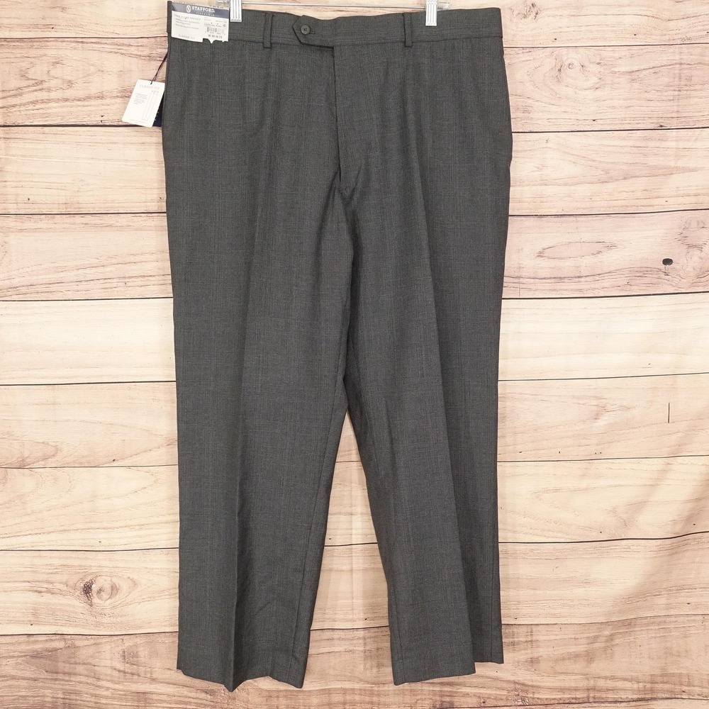 Stafford Essentials Dress Pants Mens 40x29 Charcoal Plaid Classic Fit Flat Front